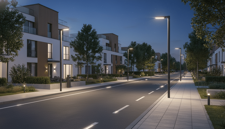 Via pública, iluminada por candeeiros de rua LED